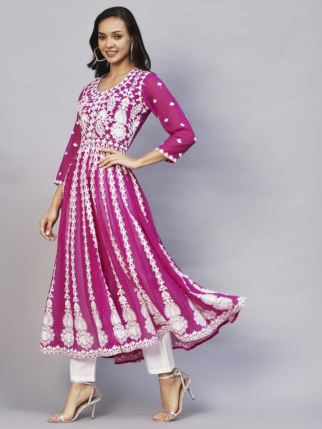 ANNI DESIGNER Womens Georgette Chikankari Embroidered Anarkali Kurti (Kari Pink_M_Dark Pink_Medium)
