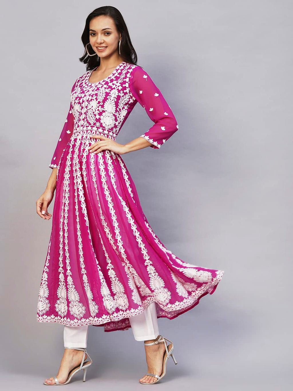 ANNI DESIGNER Womens Georgette Chikankari Embroidered Anarkali Kurti (Kari Pink-Nw1_M_Dark Pink_Medium)