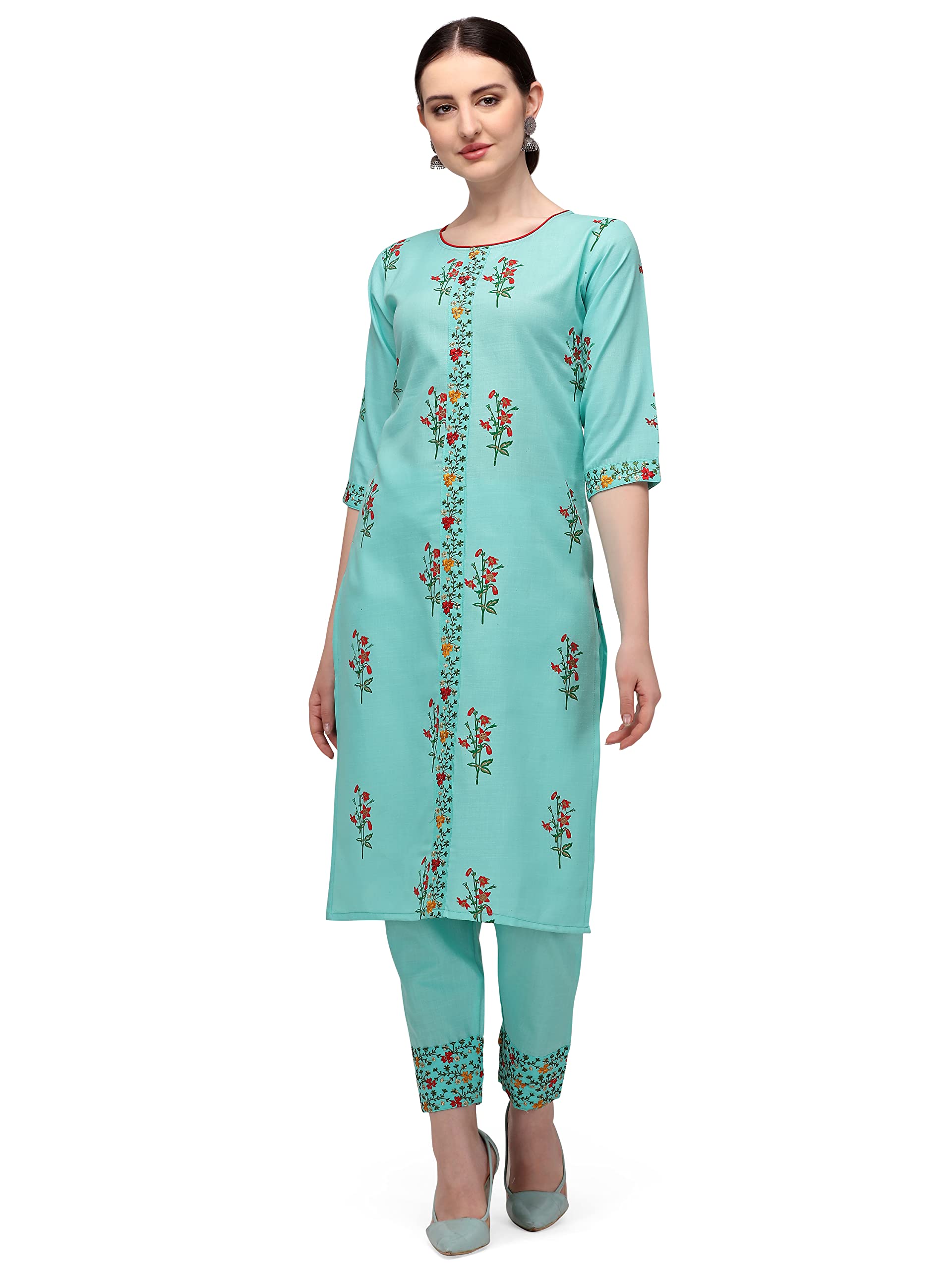 Fashion Basket Women'S Cotton Blend Embroidered Straight Kurta (E6038) (Large) Blue