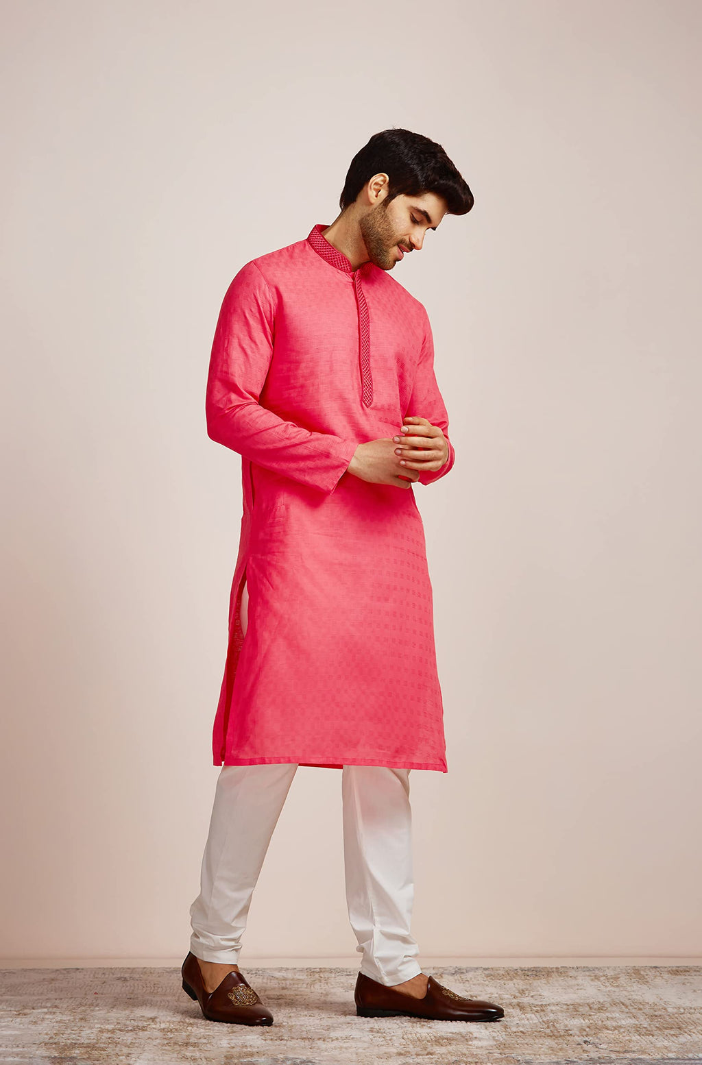 Manyavar Mens Pink All Over Self Design Full Sleeve Cotton Traditional Kurta Set