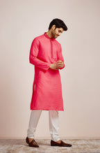 Manyavar Mens Pink All Over Self Design Full Sleeve Cotton Traditional Kurta Set