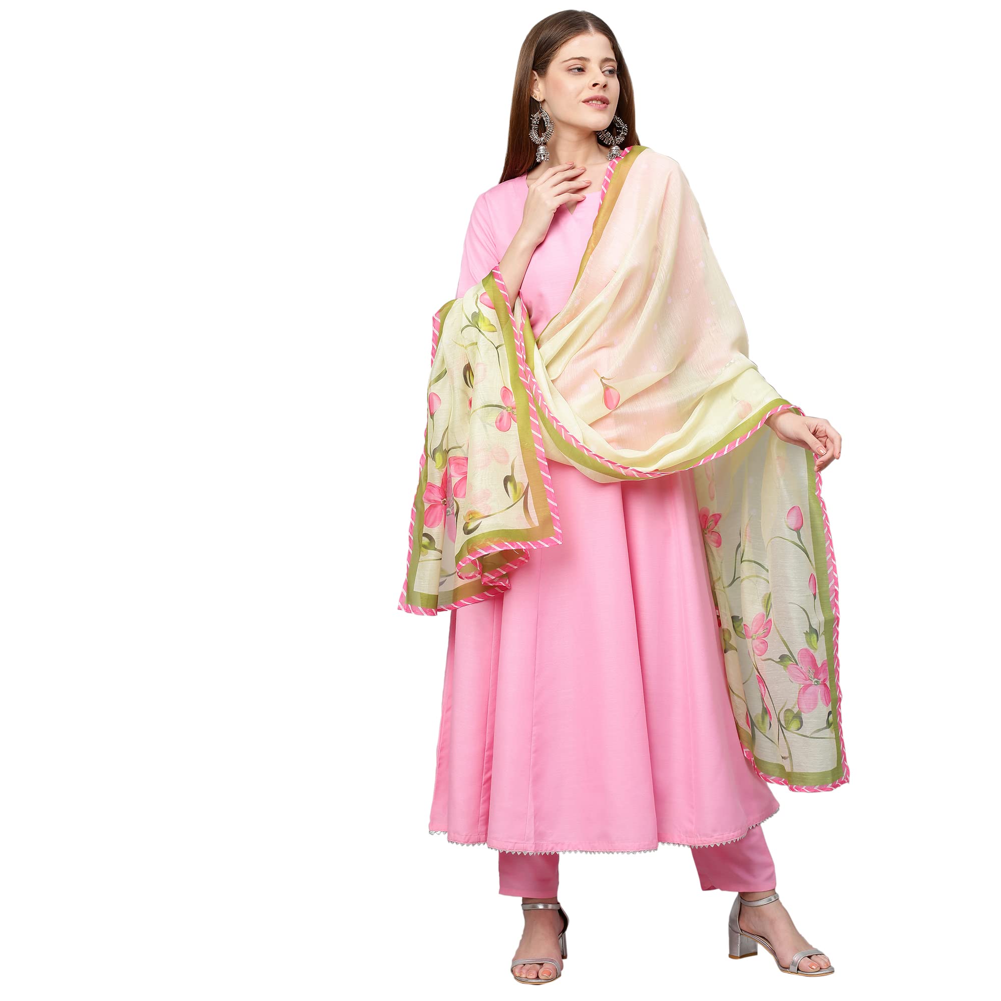 ANNI DESIGNER Womens Cotton Blend Anarkali Solid Kurta with Pant & Dupatta (Poll New01 Pink_XXL_Pink_XX-Large)