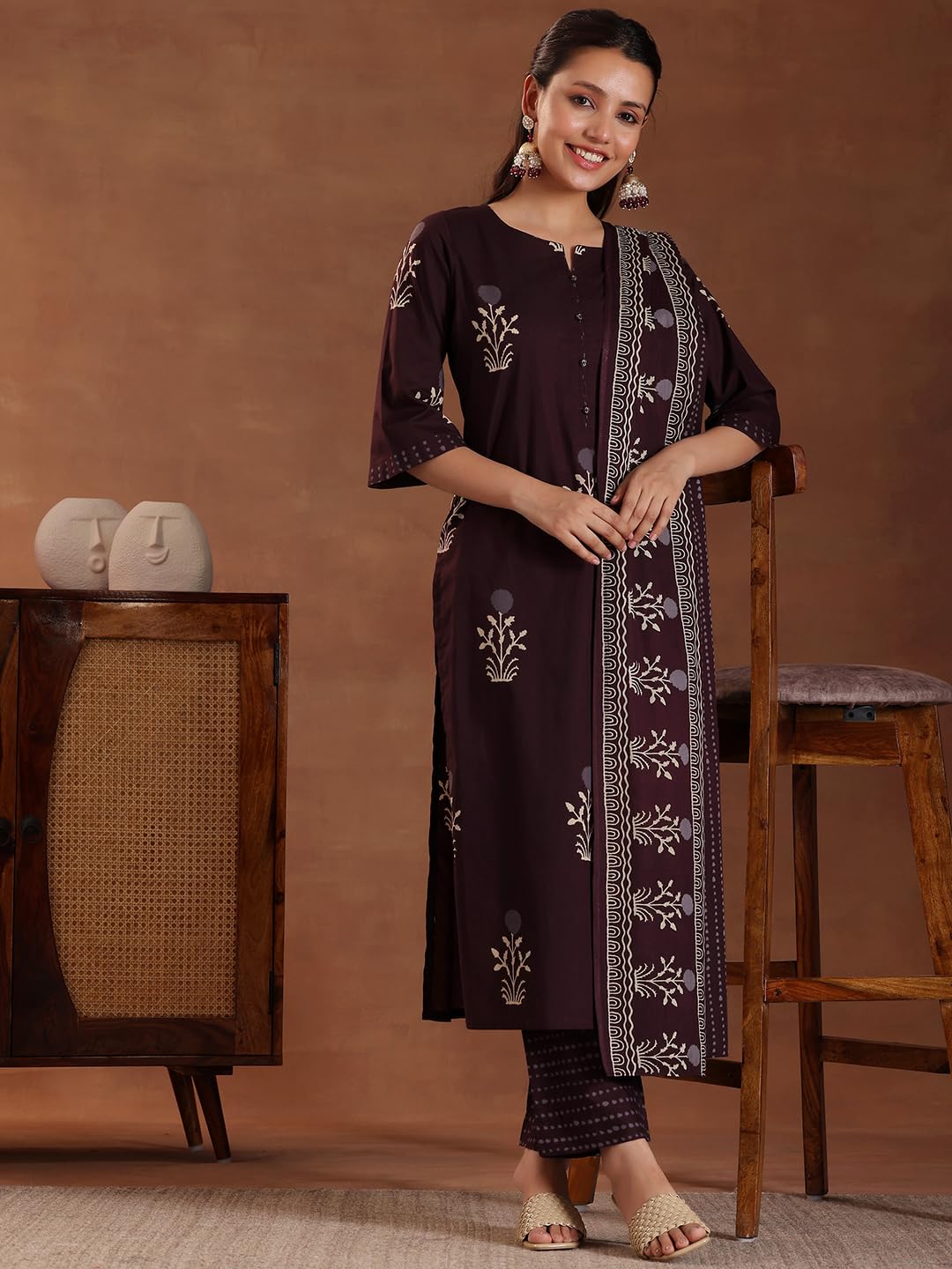 Libas WomenS Pure Cotton Printed Kurta Set (369130R Brown