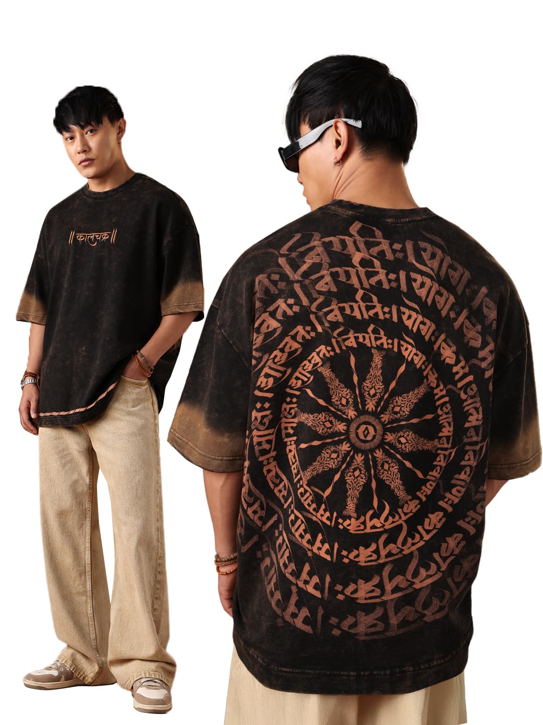 The Souled Store Kaal Chakra Men and Boys Short Sleeves Round Neck Black Embroidered Casual Streetwear Super Oversized T-Shirt