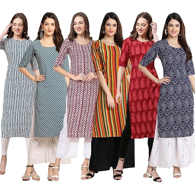 Pinkmint Womens Crepe Digital Print Straight Kurta [Pack of 6] (BD-331-351-347-356-337-375-M)