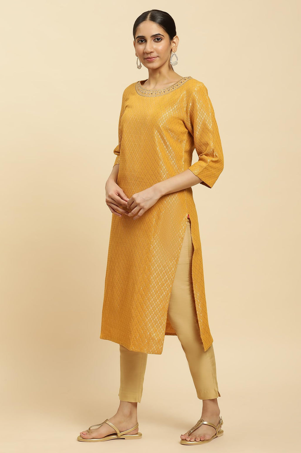 W For Woman WomenS Cotton Blend Solid Regular Kurta (23Auw12748-313367_Yellow