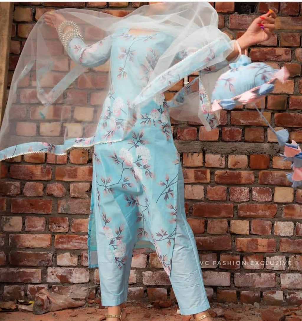 Anni Designer Women'S Cotton Blend Printed Straight Kurta With Pant & Dupatta (Itta Var1)