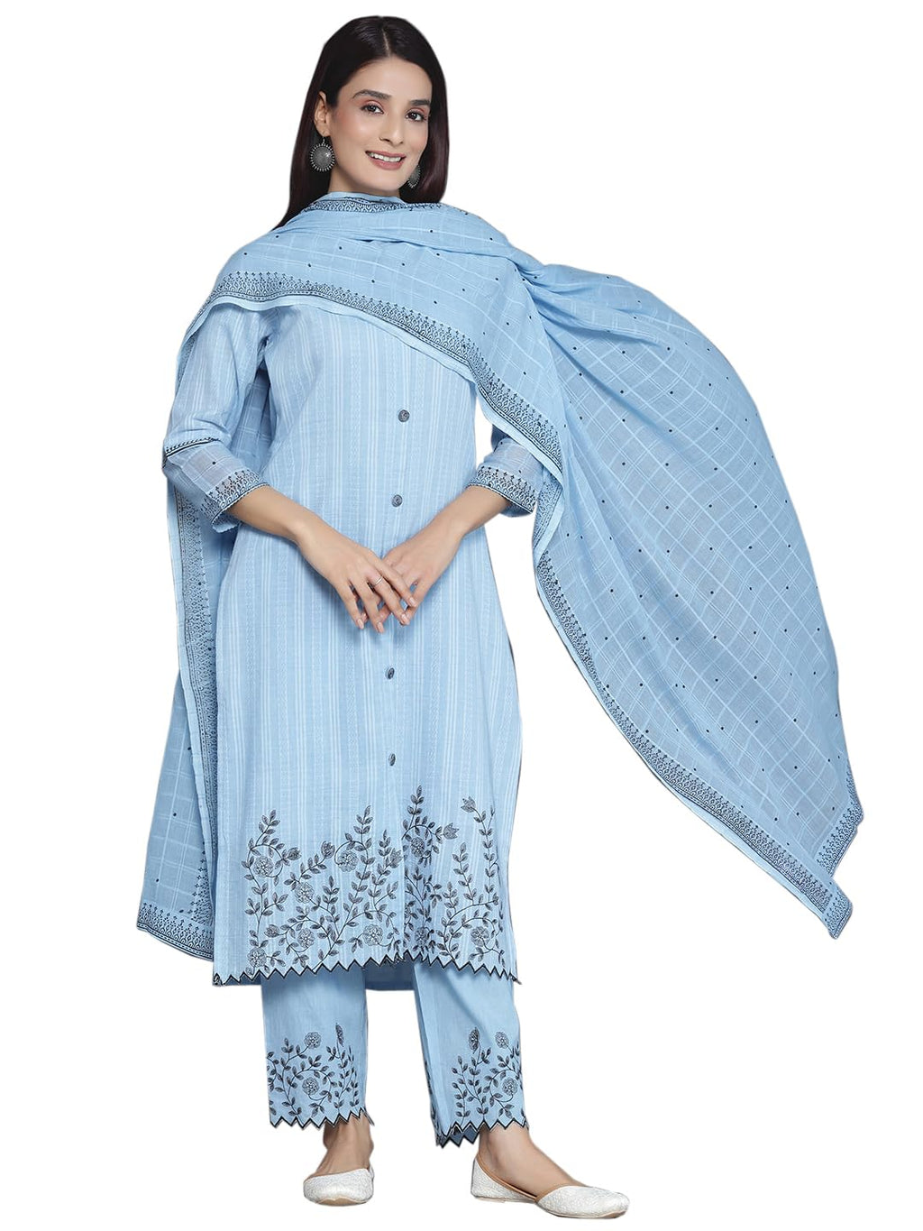 Libas Womens Woven Design Cotton Straight Kurta With Trousers And Dupatta