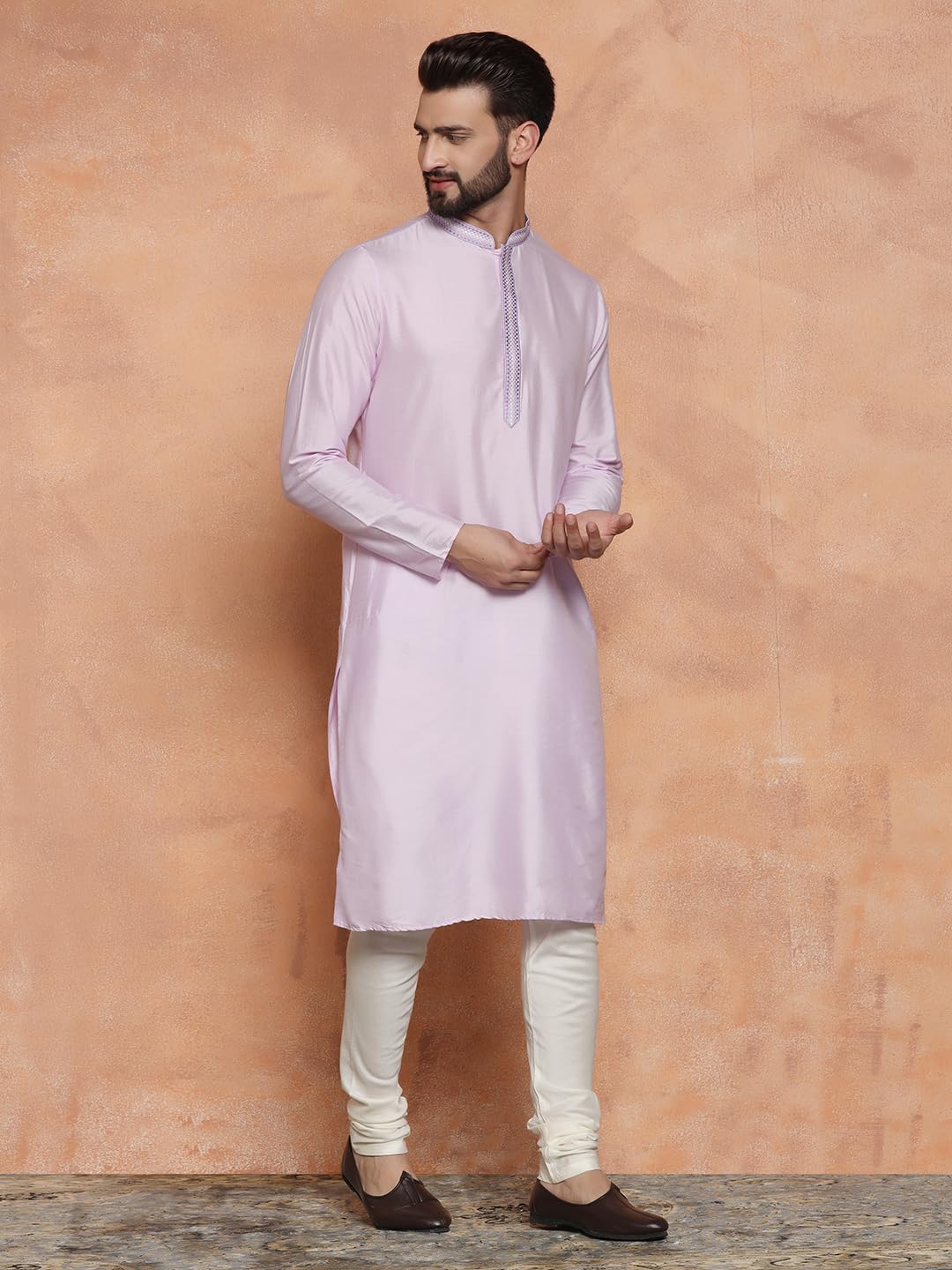 Kisah Men Lavender Kurta, Cotton, Full Sleaves, Knee Length, Straight, Regular Fit, Mandarin Collar Ethnic Wear