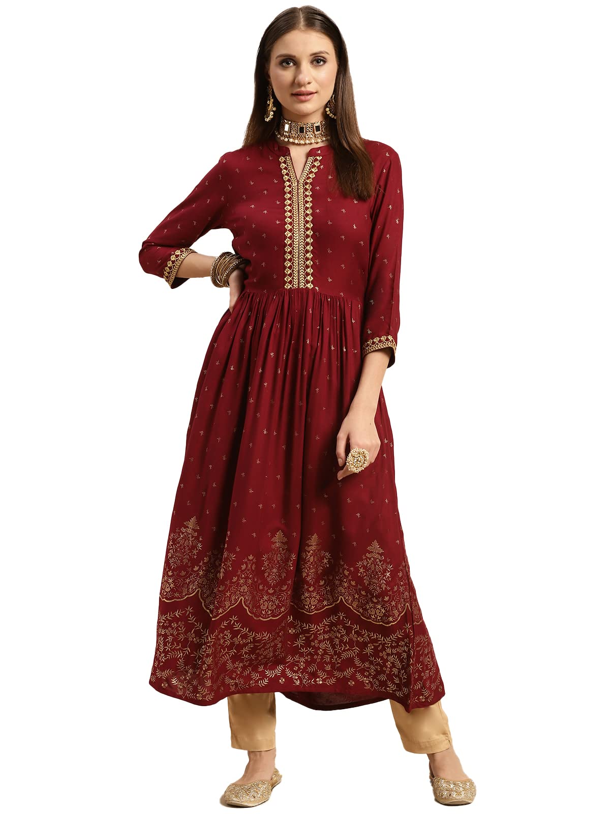 Rangita Maroon Rayon Calf Length Embroidered Flared Kurti For Women | Kurta For Women_M
