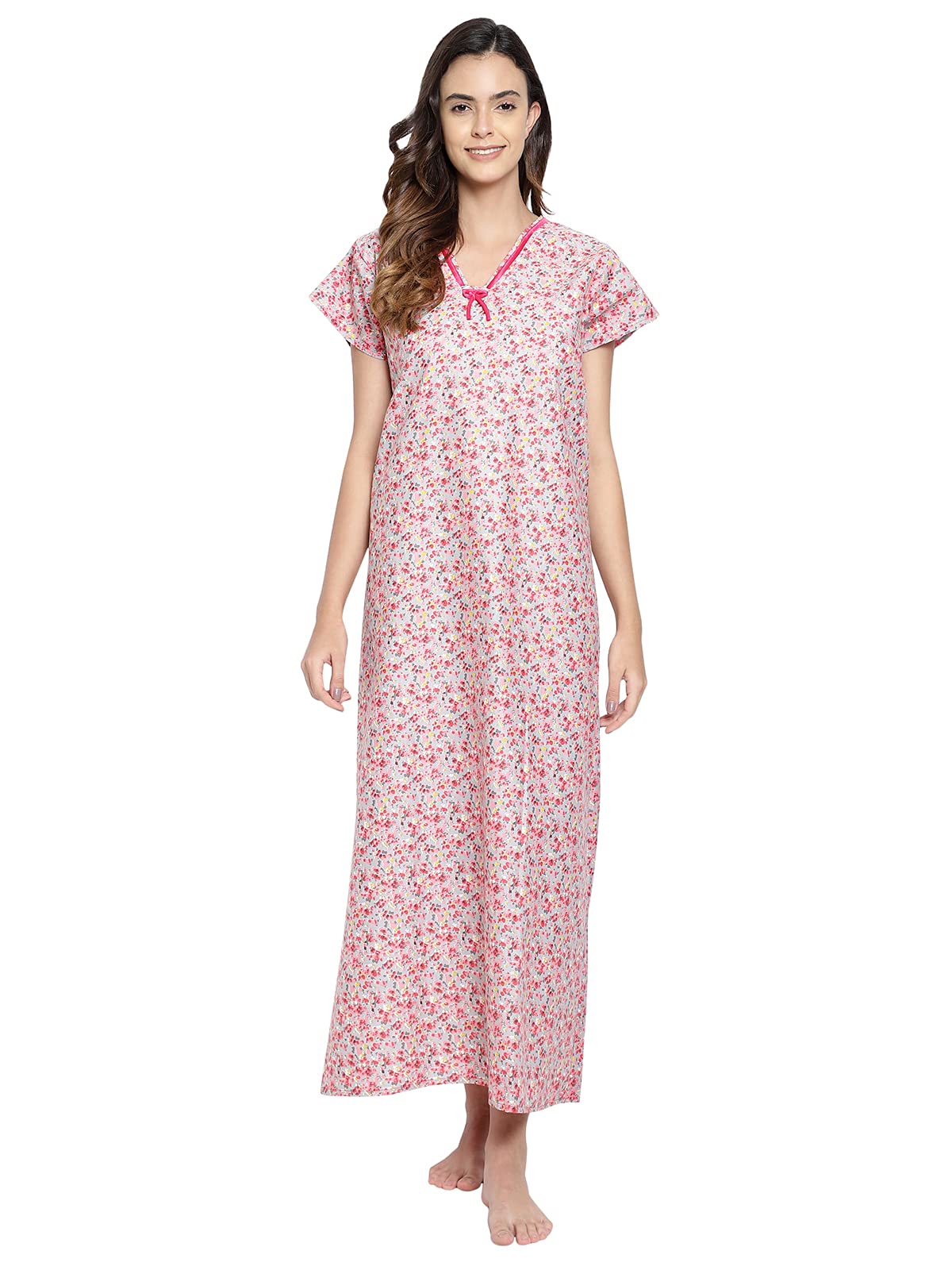 Clovia Womens Cotton Print Me Pretty Long Nighty (NS1425P04_Red_L)