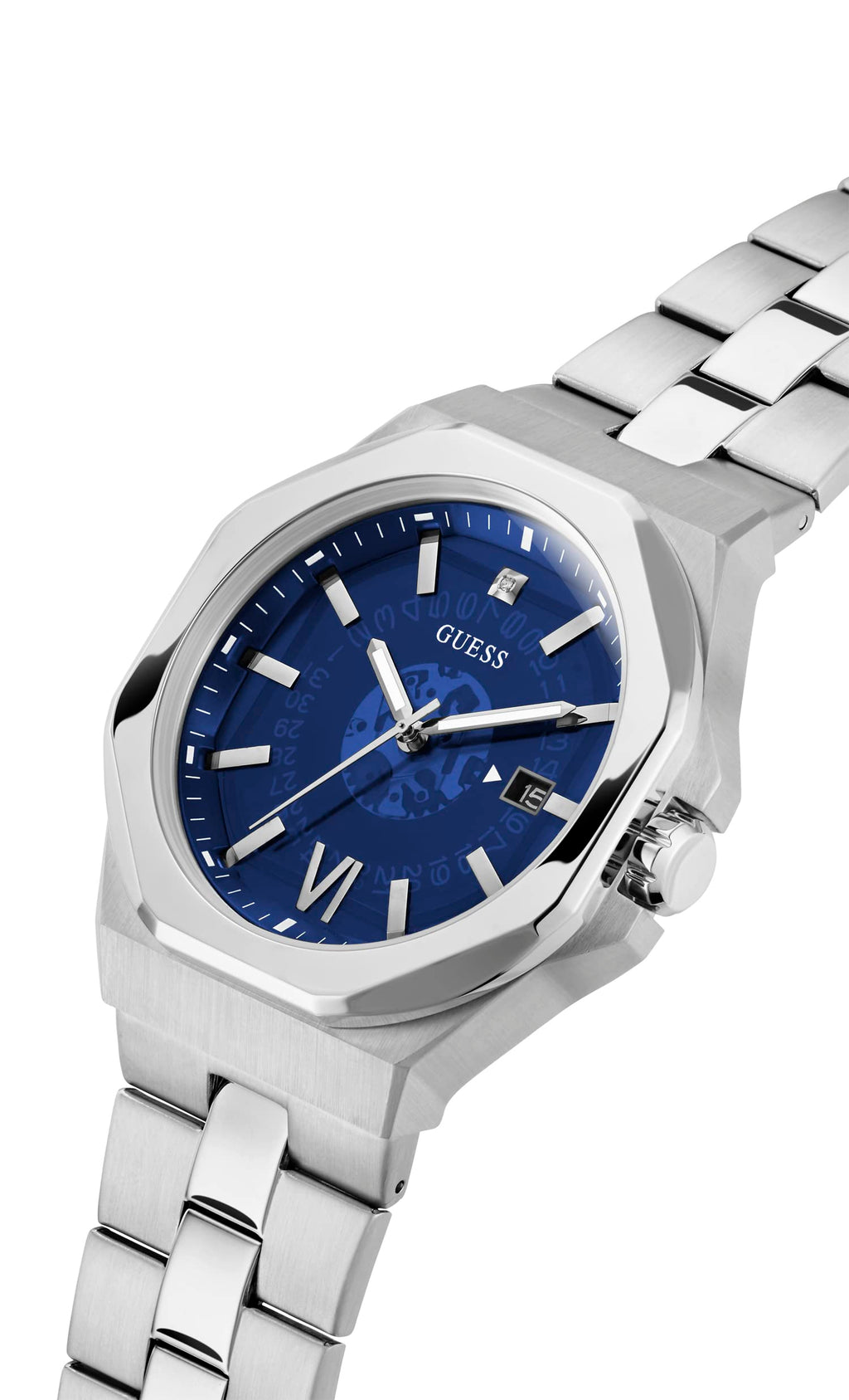 GUESS Men's 42mm Watch - Silver Tone Strap Blue Dial Silver Tone Case
