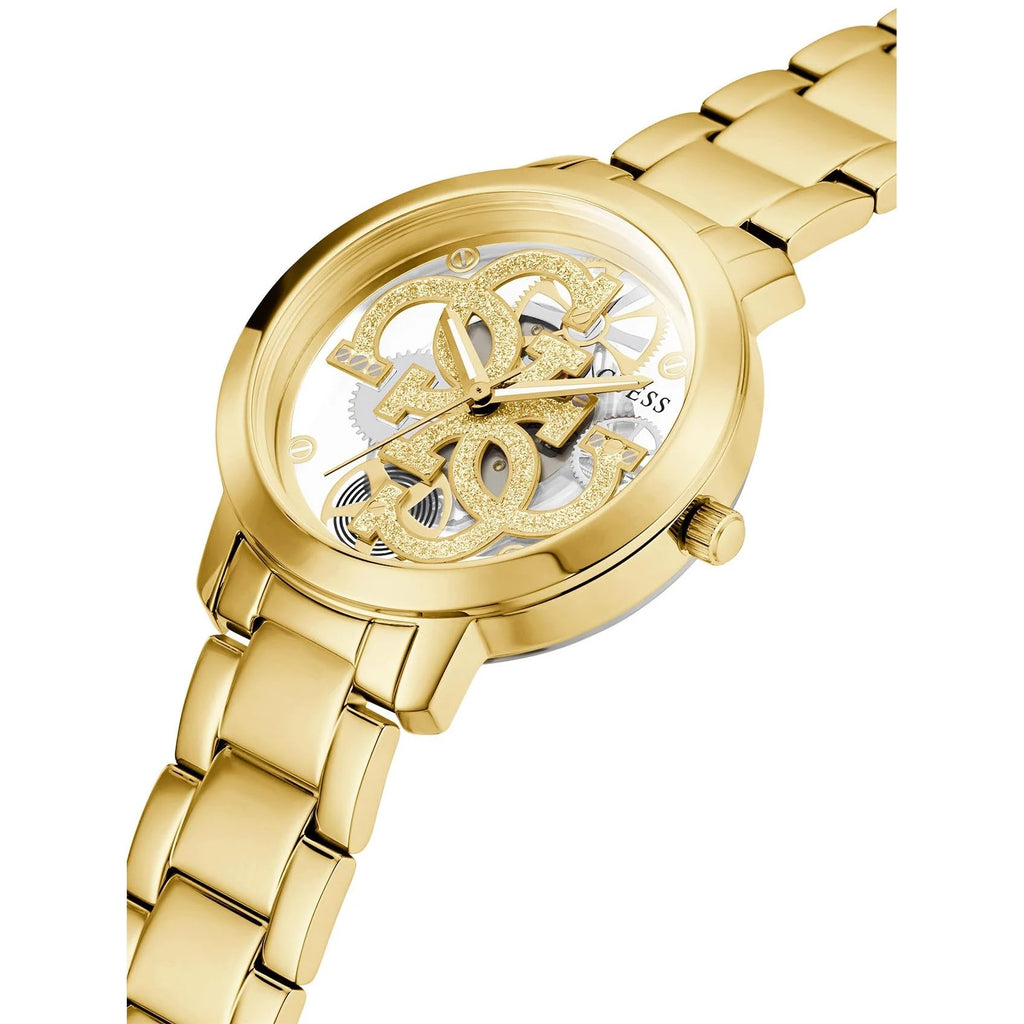 GUESS Ladies Trend Clear 36mm Watch - Glitz Dial with Gold-Tone Stainless Steel Case & Bracelet