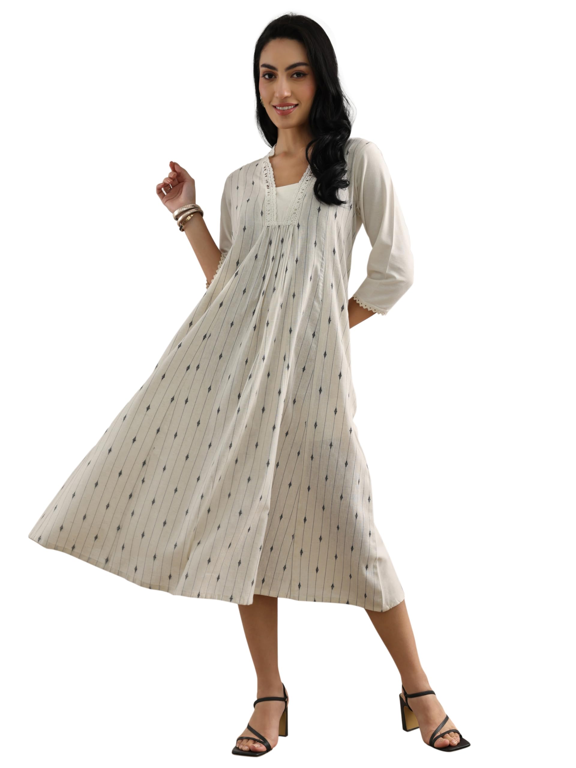 Gerua by Libas Solid Cotton A-Line Dress Off White
