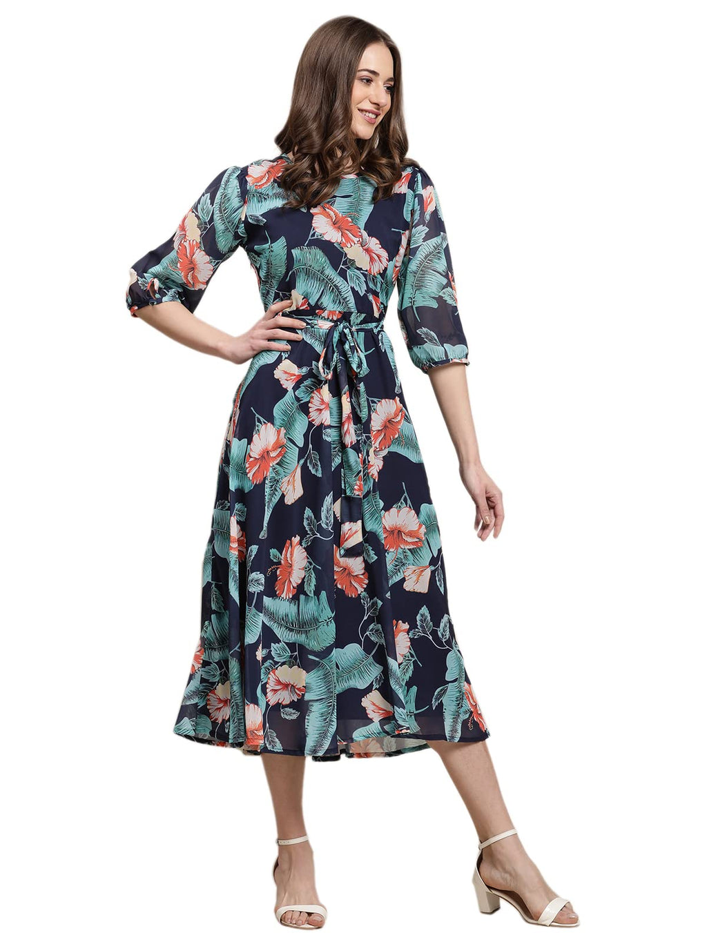 Preneum WomenS Maxi Fit & Flare Latest Style Print Georgette Regular Sleeves Casual Summer Maxi | Festival & Occasion, Navy Blu