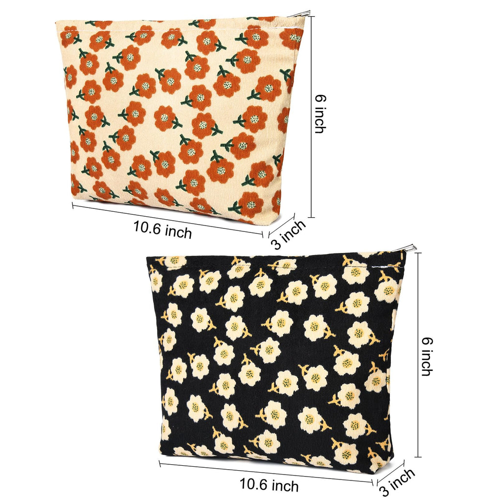 SOIDRAM 2 Pieces Flower Makeup Bag Large Corduroy Cosmetic Bag Capacity Canvas Travel Toiletry Bag Organizer Cute Makeup Brushes