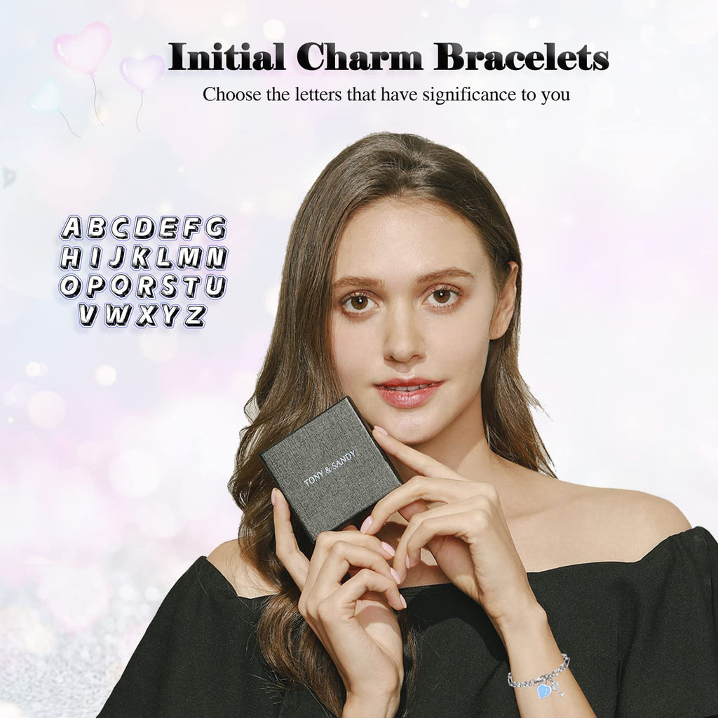 TONY & SANDY Heart Initial Charm Bracelet for Girls Jewelry Handmade Silver Chain Enamel Heart Bracelet with Initials Birthday C