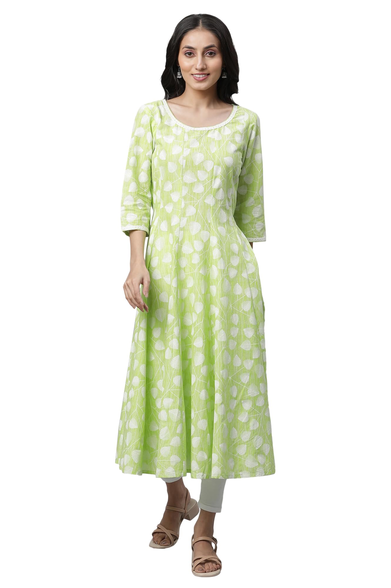 Aurelia Womens Green Leaf Print Cotton Anarkali Kurta