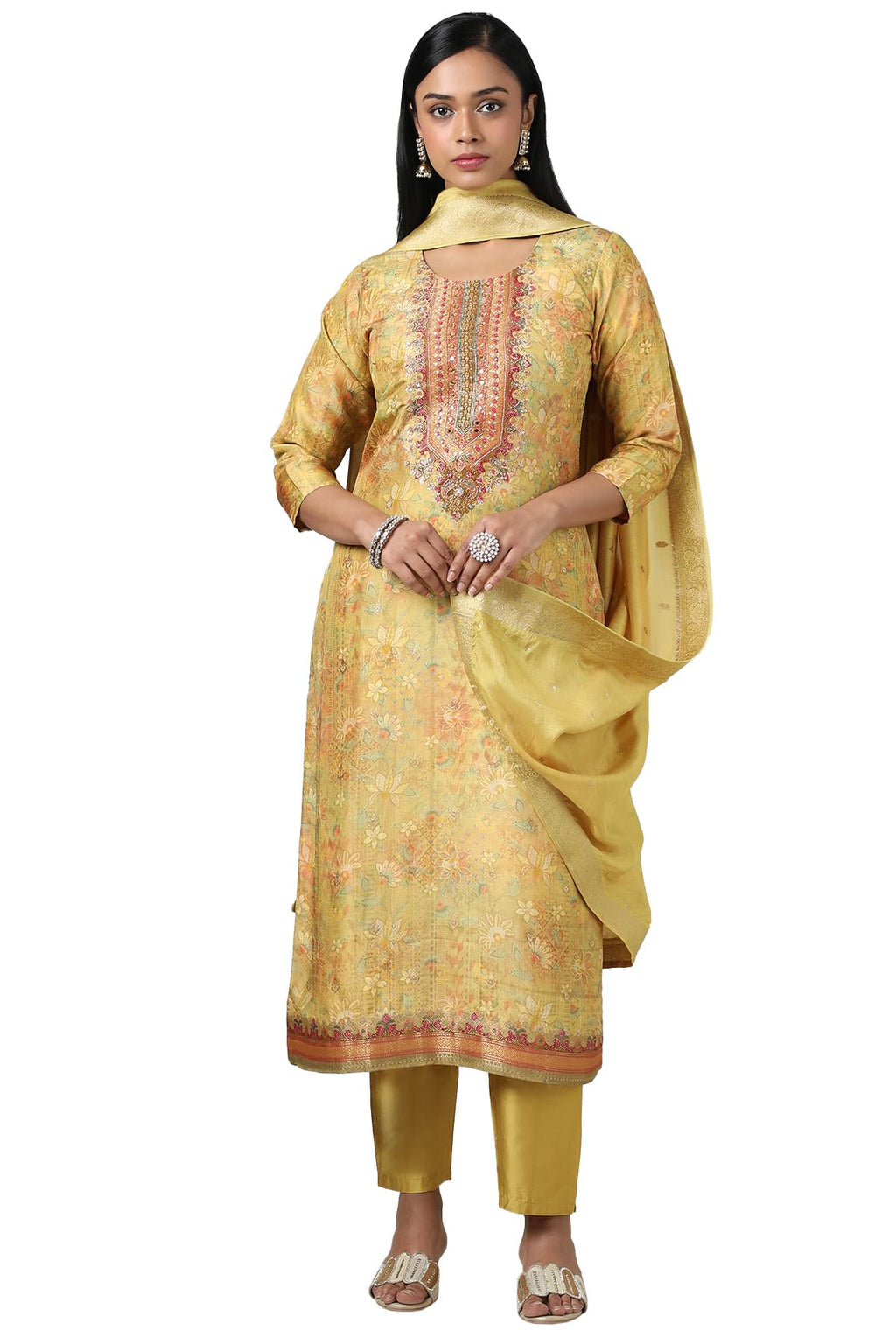 Soch Women Brocade Floral Print Suit Set with Mirror and Cutdana