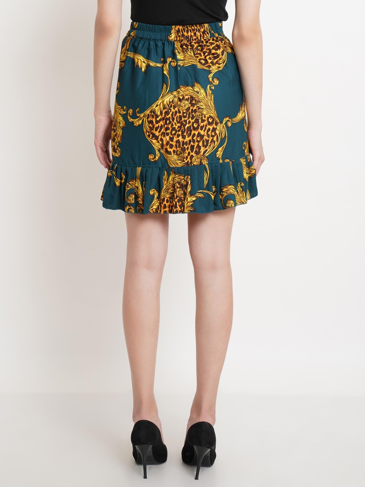 POPWINGS Casual Dark Green Golden Animal Printed Frill Mini Skirt for Women || Latest Stylish Western Knee-Length Women Skirt ||