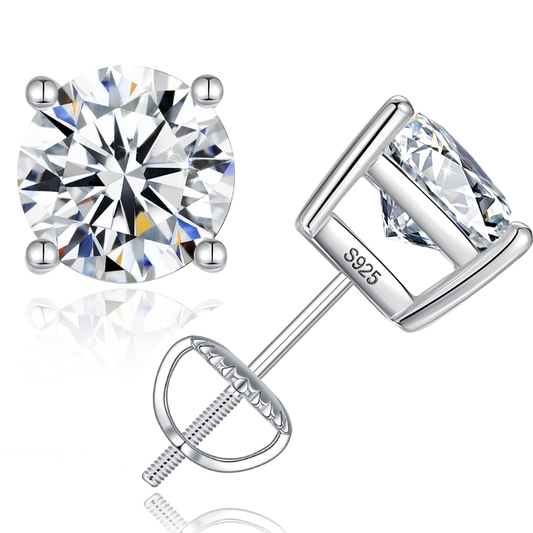 925 Sterling Silver Earrings for Women: Round Cubic Zirconia Screw Back Stud Earrings for Sensitive Ears Hypoallergenic Small Ea