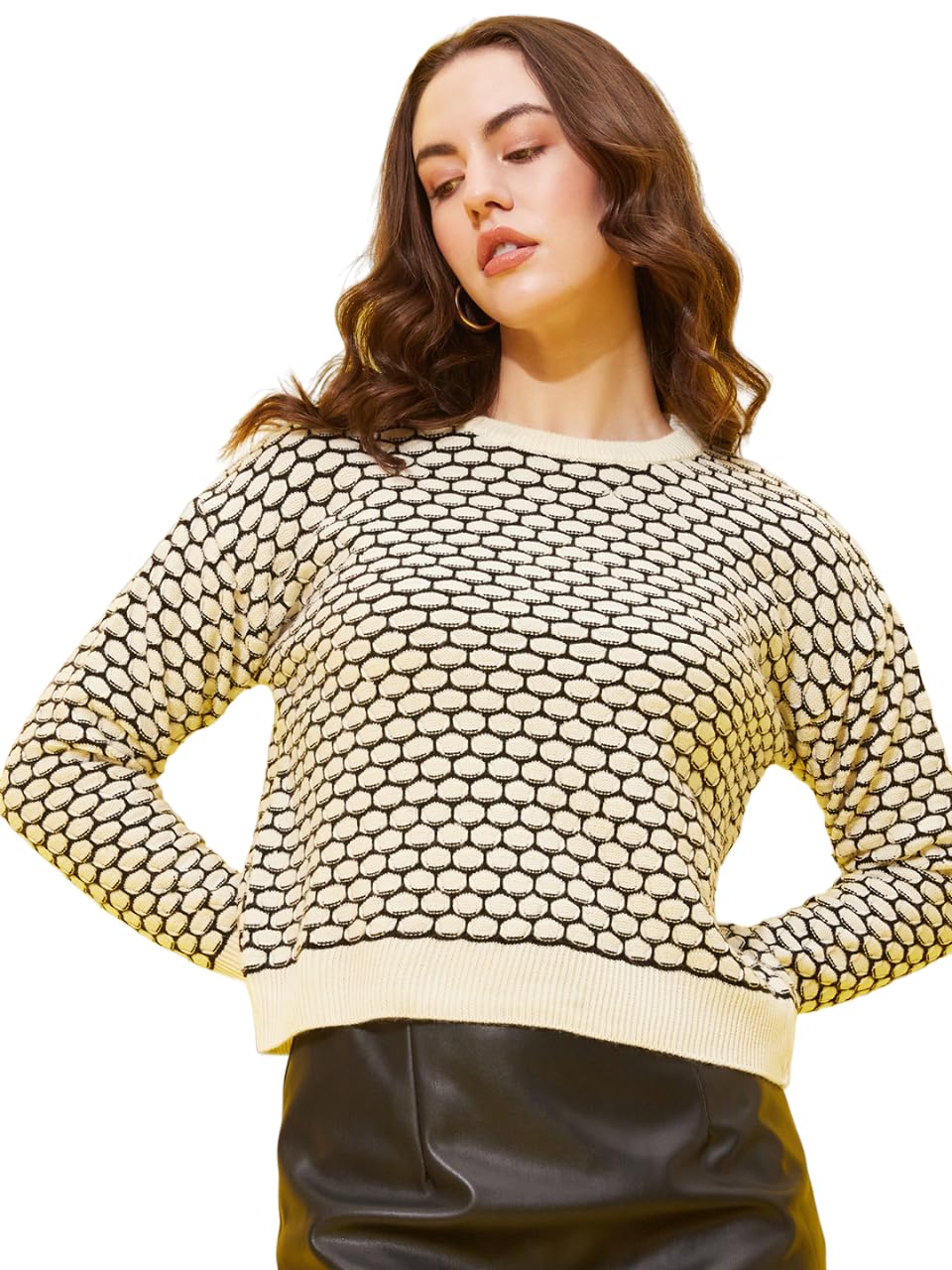 Modeve Self Design Round Neck Casual Women Crop Top Sweater||Winterwear|| White