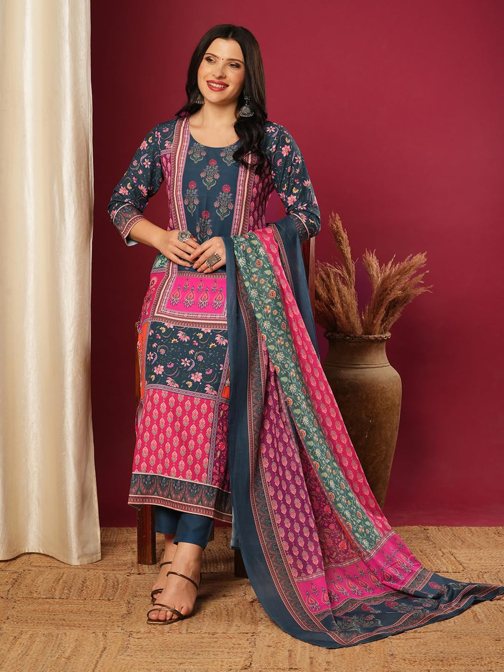 ANNI DESIGNER Women s Rayon Viscose Print Straight Kurta with Pants & Dupatta, Multicolored, L