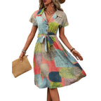 Gufrina WomenS Short Sleeve Collar Neck Dress - Geometric Print Button-Down Midi Dress With Tie-Up Belt (In, Alpha, 5Xl, Regula