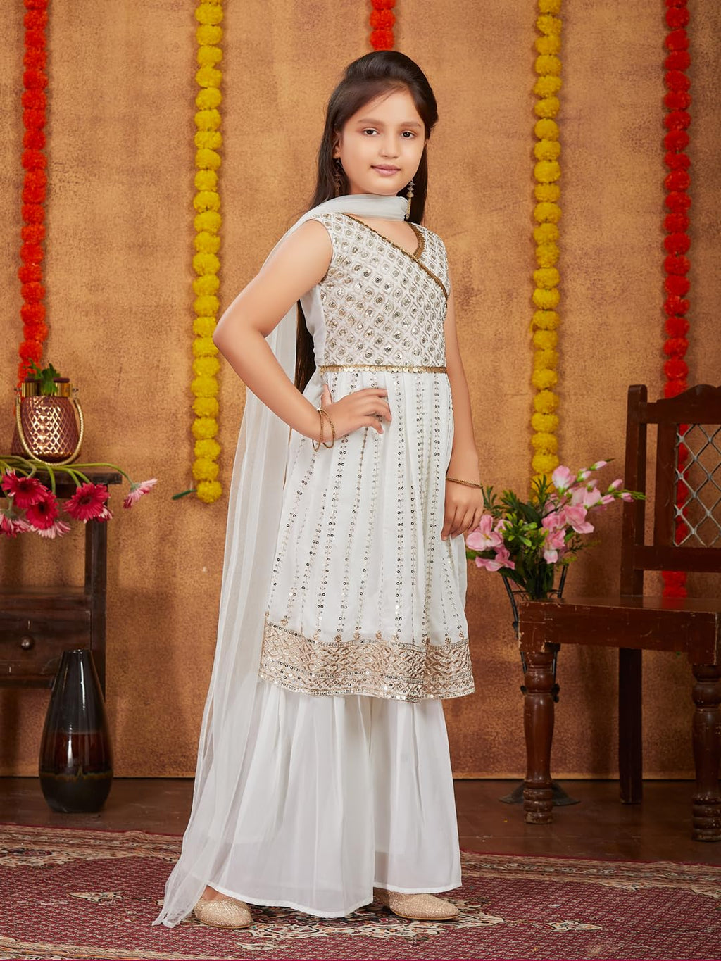 Aarika Girls Ethnic Wear Off White Colour Sequins Zari Embroidery Georgette Kurti Sharara Set (6-13 Years)