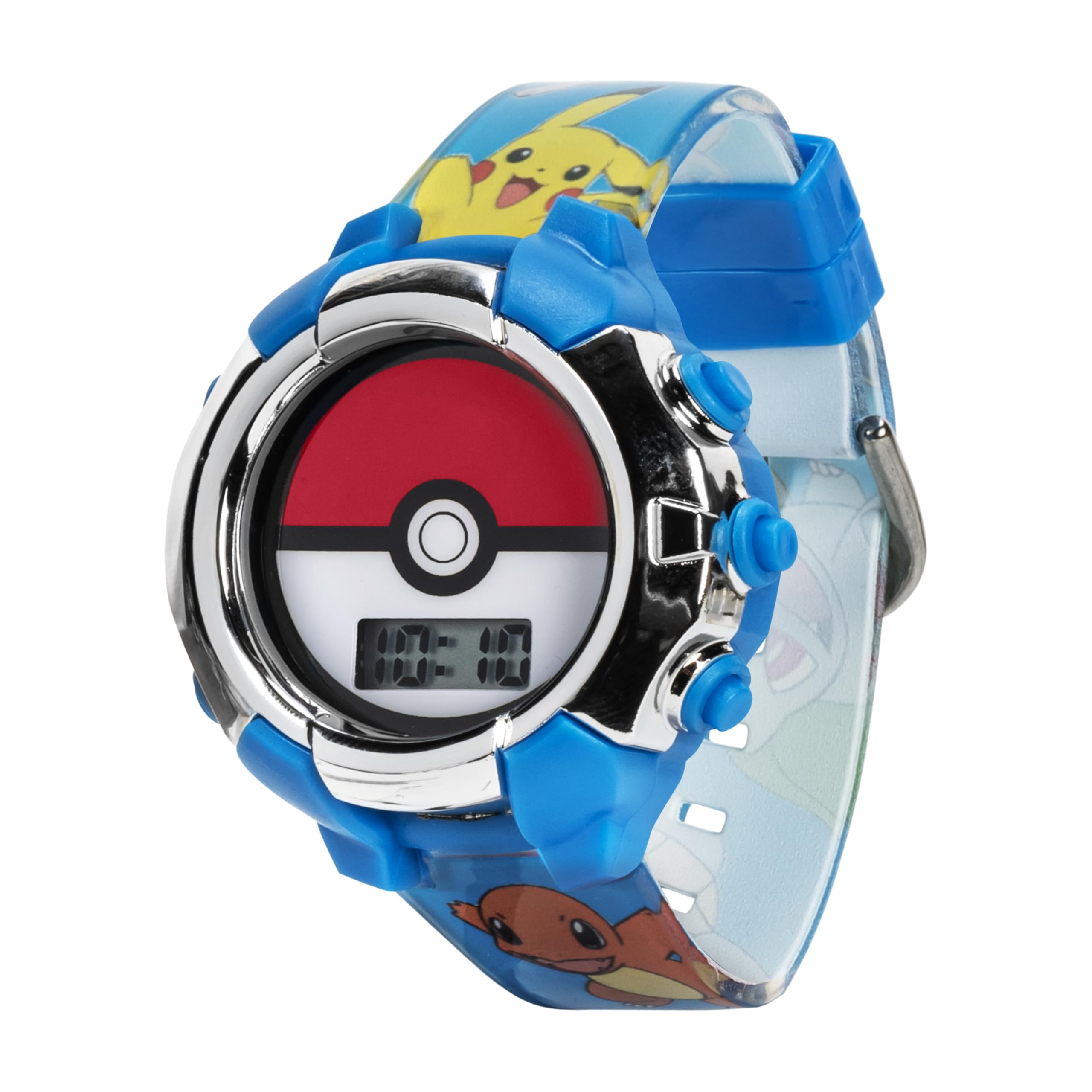 Accutime Kids Pokemon Pokeball Digital LCD Quartz Blue Wrist Watch with Blue Strap, Cool Inexpensive Gift & Party Favor for Boys