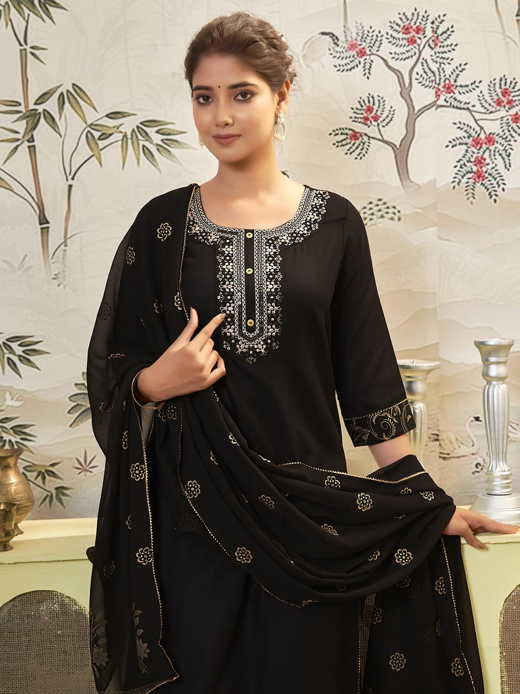 Sanisa Womens Cotton Blend Sequence Embroidery Work Straight Kurta With Pant And Dupatta Set
