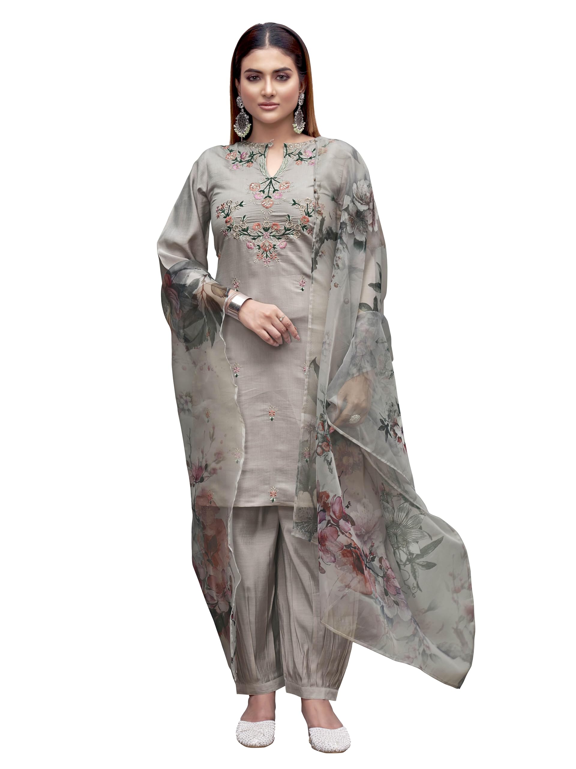 Womanista WomenS Silk Blend Solid Straight Embroidered Kurta Set (Kurtaset_1374_Silver