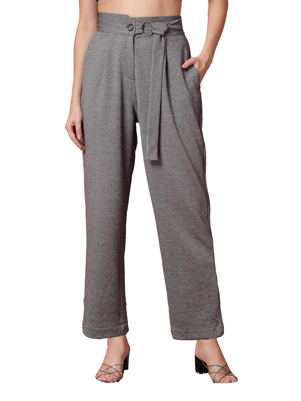 OOMPH! High Waist Trousers for Women  Flared Korean Style Formal Pants | Elegant Workwear for Office, College & Events Grey