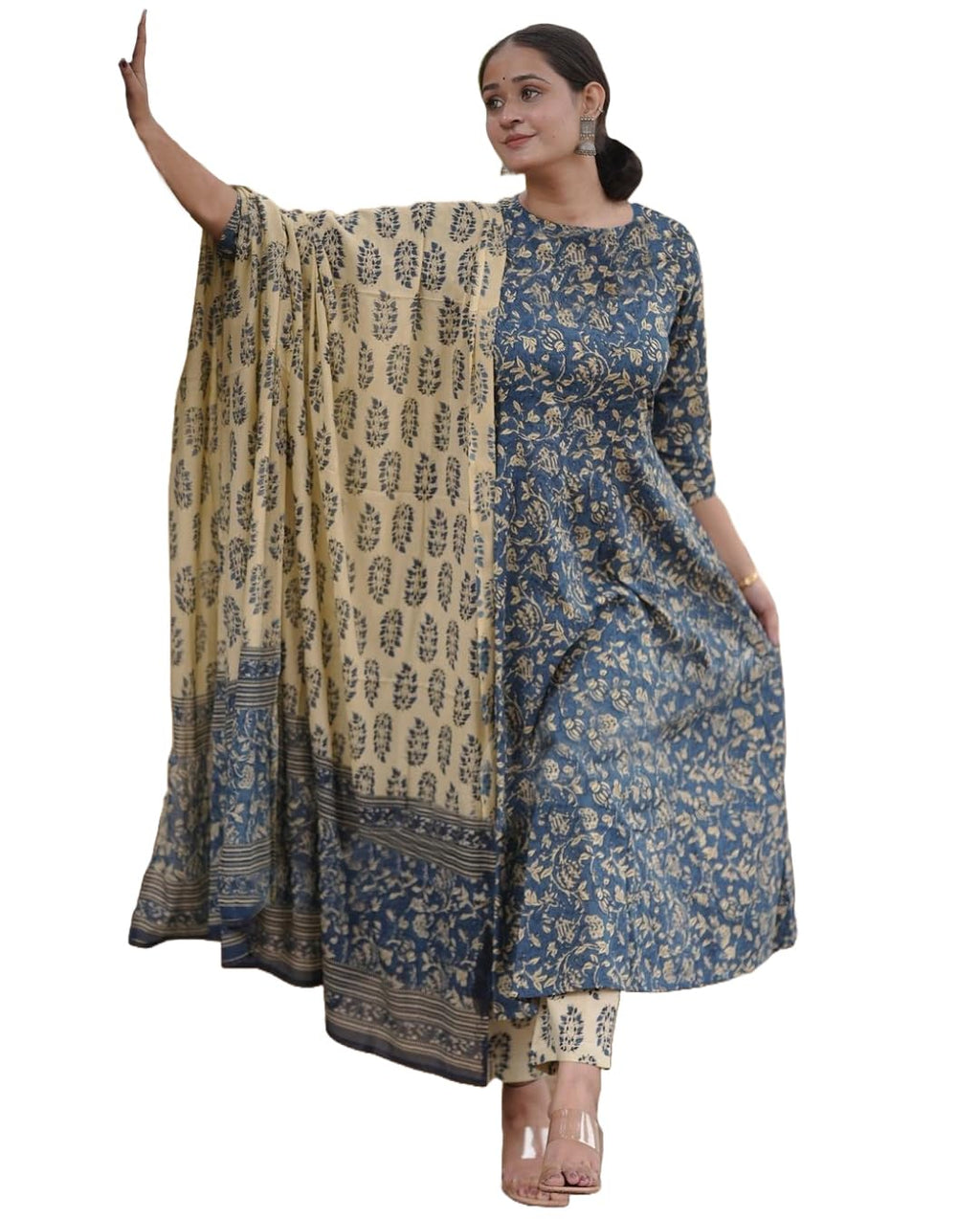 ANNI DESIGNER Womens Rayon Blend Anarkali Printed Kurta with Pant & Dupatta (Junapith Blue_L_Blue_Large)