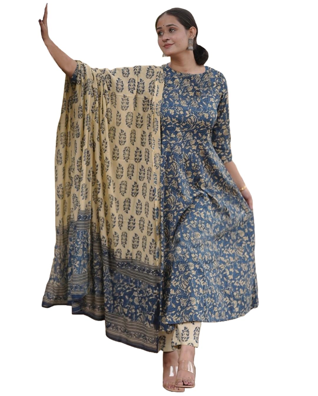 ANNI DESIGNER Womens Rayon Blend Anarkali Printed Kurta with Pant & Dupatta (Junapith Blue_L_Blue_Large)