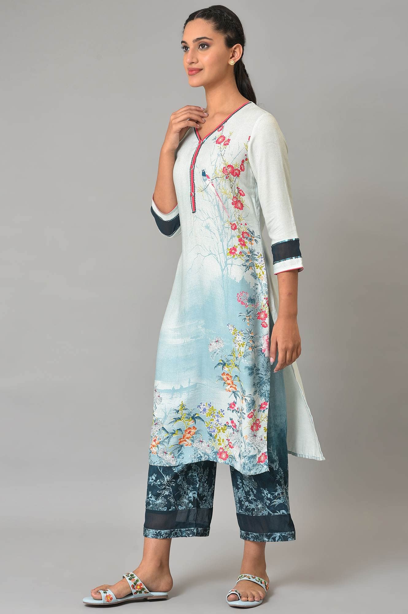 Aurelia Woman Rayon Twill Straight Floral Printed Blue Kurta And Pants Set | Floral Printed Summer Kurta And Culottes Set For Women
