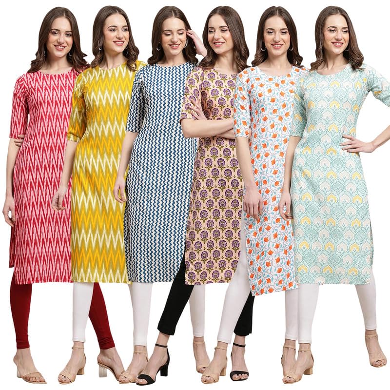 Pinkmint Printed Kurti for Womens ll Straight Kurtis for Womens ll Stylished Kurti (Pack of 6)