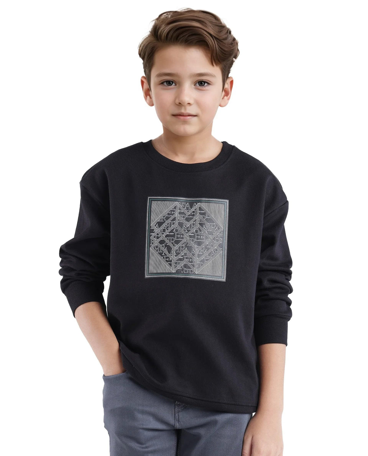 Rare Ones Kids Crocen Black Cotton Full Sleeve Crew Neck Hd Print Monogram Sweatshirt, Black, 1314Y 13-14