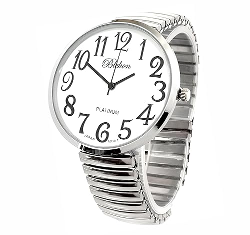 Blekon Collections Silver Super Large White Face Case Size 43mm EXTRA LARGE Stretch Band Japanese Movement PC21J Fashion Watch