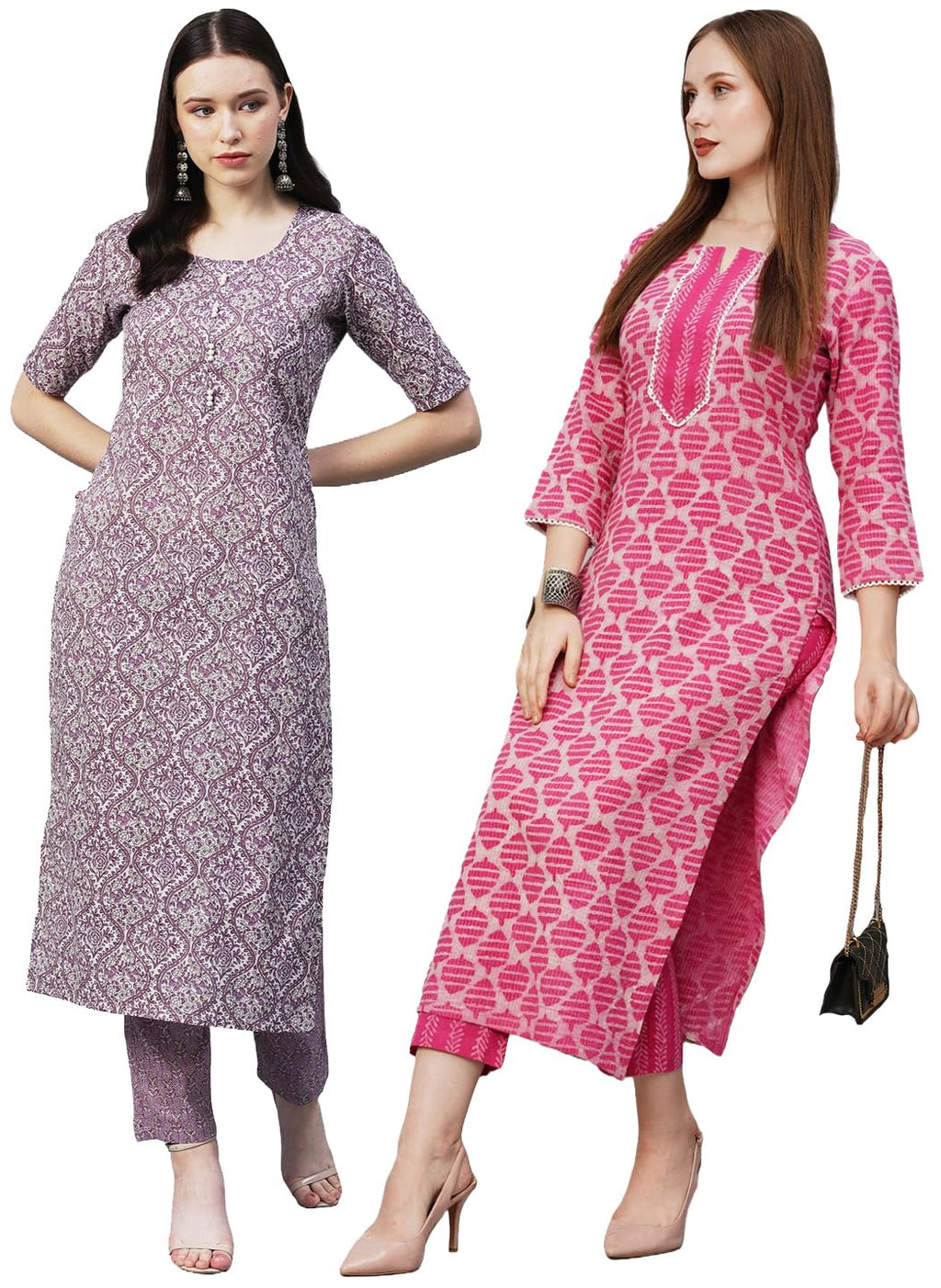 ANNI DESIGNER Womens Cotton Blend Printed Straight Kurta with Pant Pack of 2 (CMB-BATAKLI-Purple-Puram Pink_XXL_Multi_XX-Large)