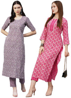 ANNI DESIGNER Womens Cotton Blend Printed Straight Kurta with Pant Pack of 2 (CMB-BATAKLI-Purple-Puram Pink_XXL_Multi_XX-Large)