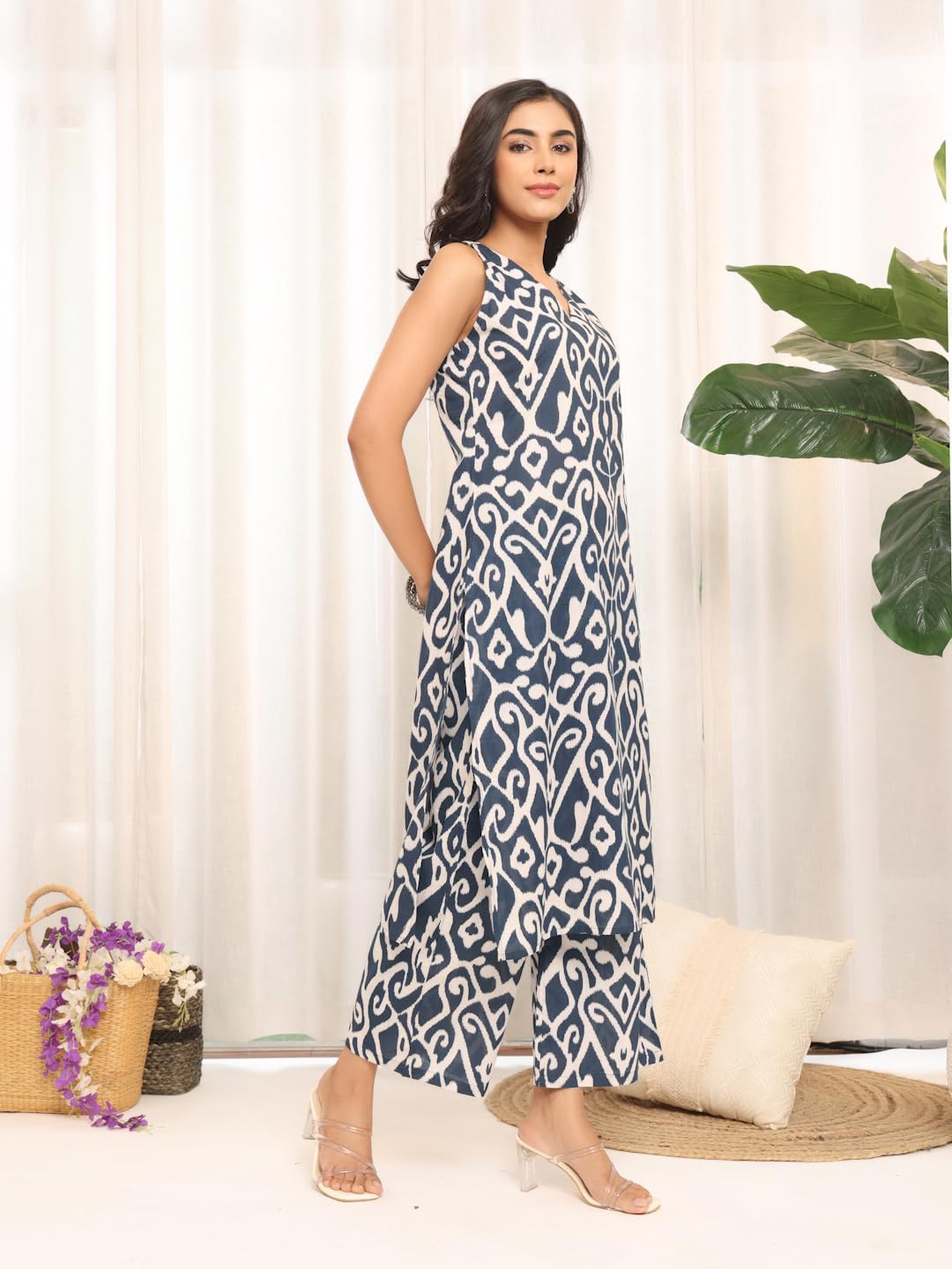 Varanga WomenS Blue Ikat Printed V-Neck Sleeveless Straight Kurta With Side Slit, Paired With Tonal Printed Bottom