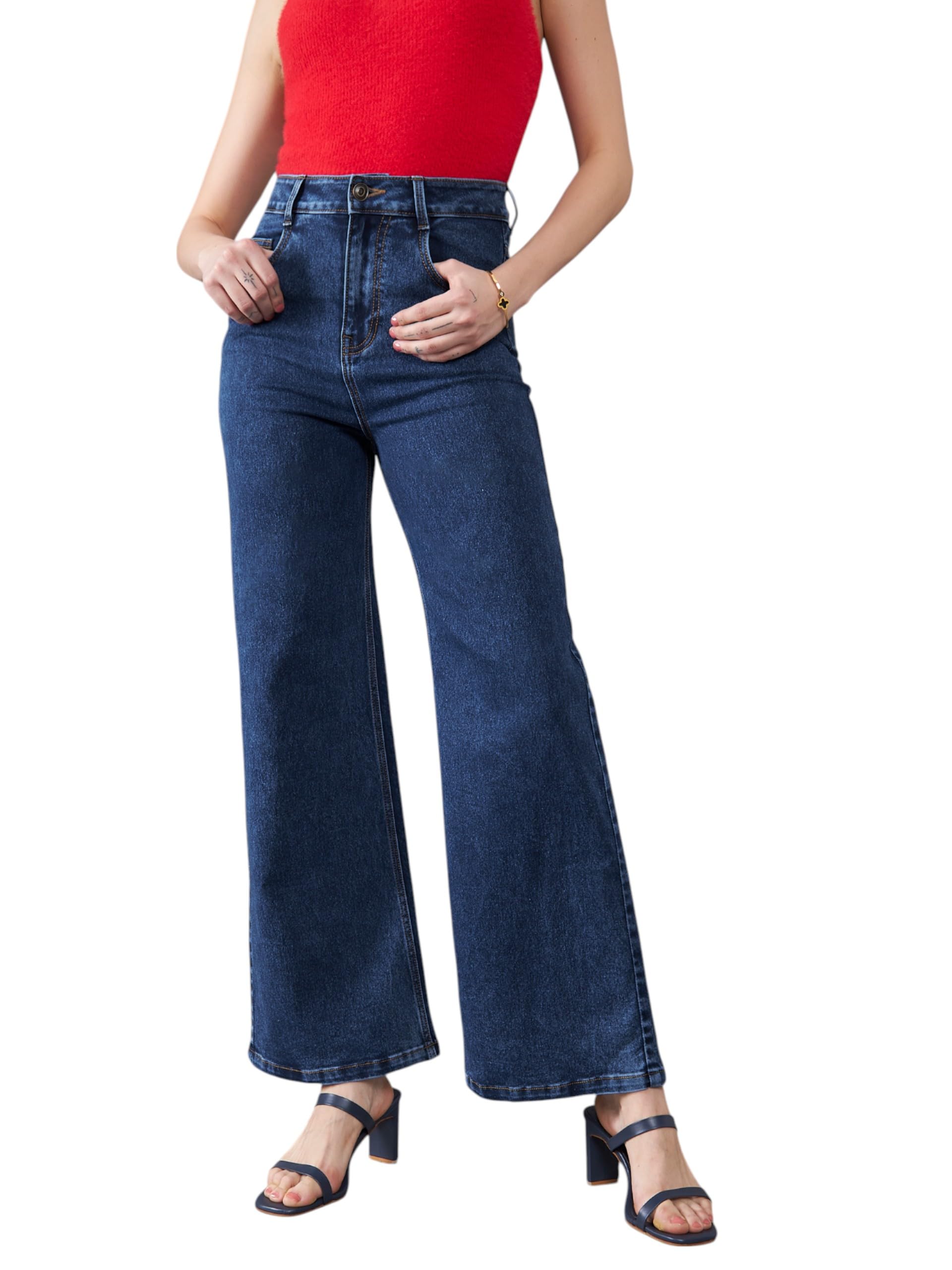 Dolce Crudo Womens Mid Wide-Leg High-Rise Mildly Distressed Regular-Length Stretchable Denim Jeans (DOSS24DEN79-18-337-26, Paci