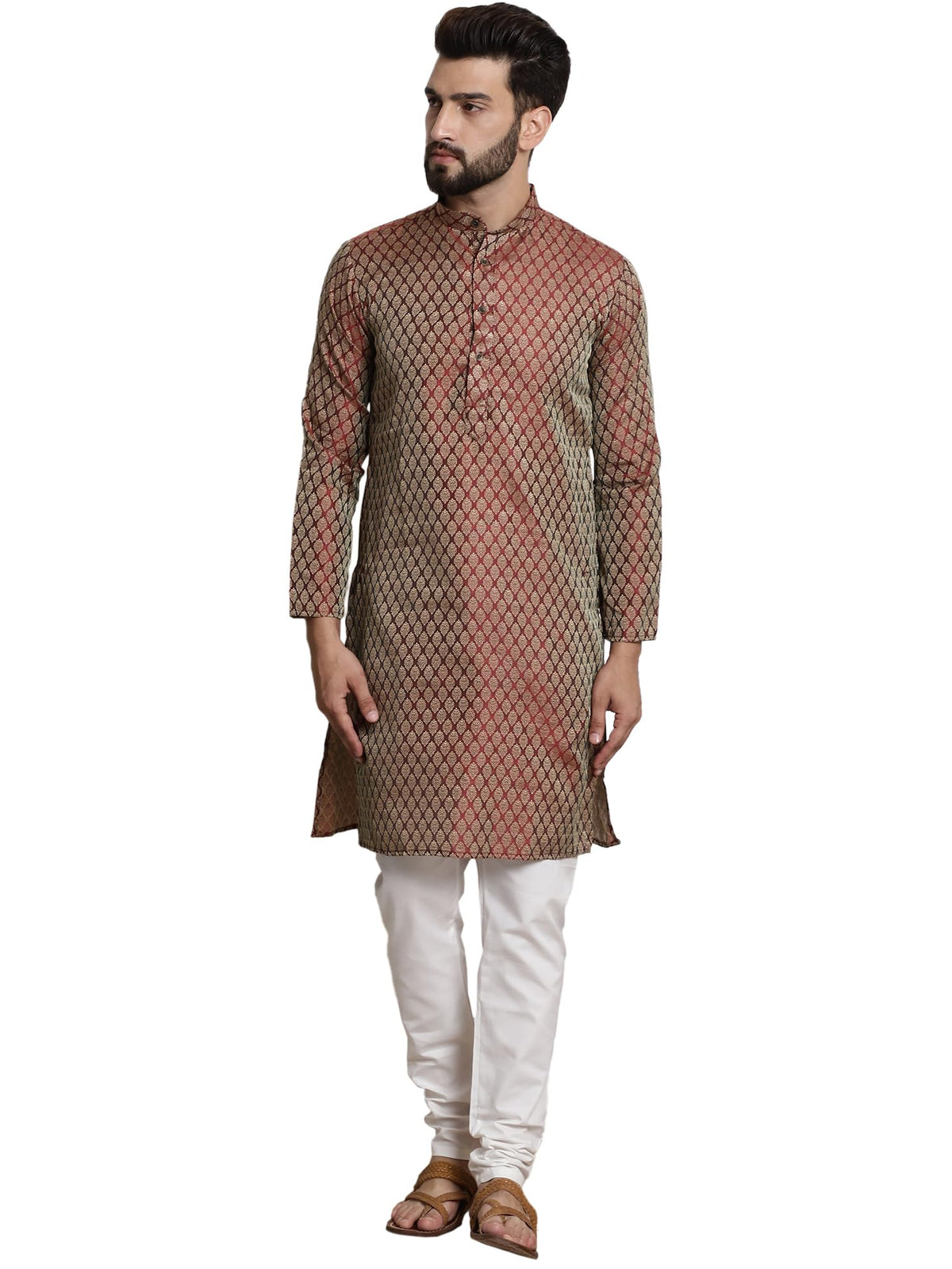 SOJANYA (Since 1958 Mens SilkBlend Maroon Self design Kurta & White Churidar Pyjama Set