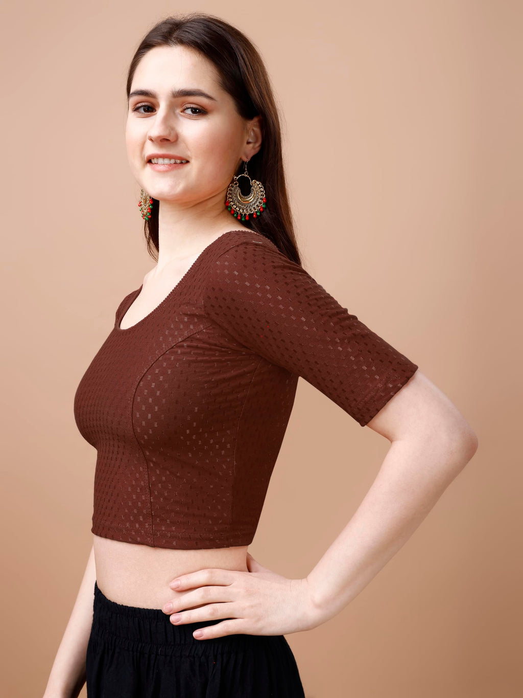 Pujia Mills WomenS Readymade Dobby Cotton Lycra Stretchable Round Neck Half Sleeve Blouse Fancy Brown Color Lycra Stretchable B
