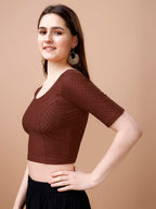 Pujia Mills WomenS Readymade Dobby Cotton Lycra Stretchable Round Neck Half Sleeve Blouse Fancy Brown Color Lycra Stretchable B