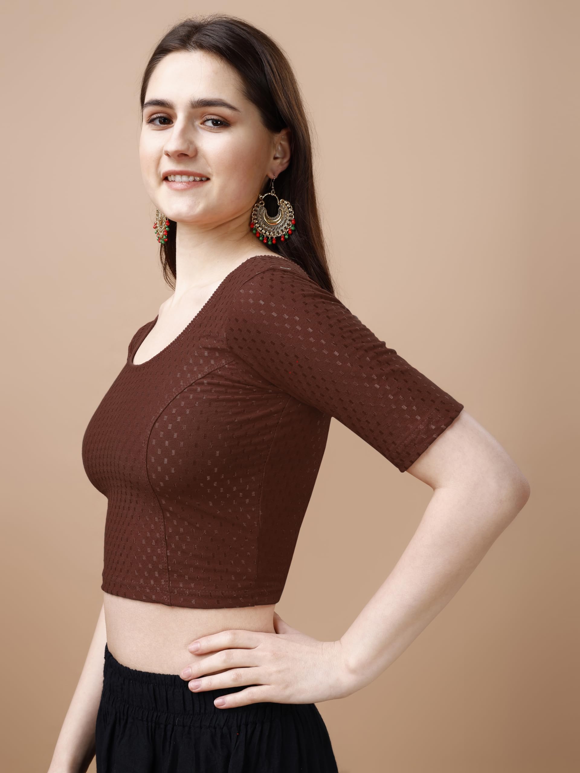 Pujia Mills WomenS Readymade Dobby Cotton Lycra Stretchable Round Neck Half Sleeve Blouse Fancy Brown Color Lycra Stretchable B