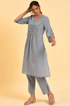 W For Woman Blue Embroidered Kurta & Pants Co-Ord Set