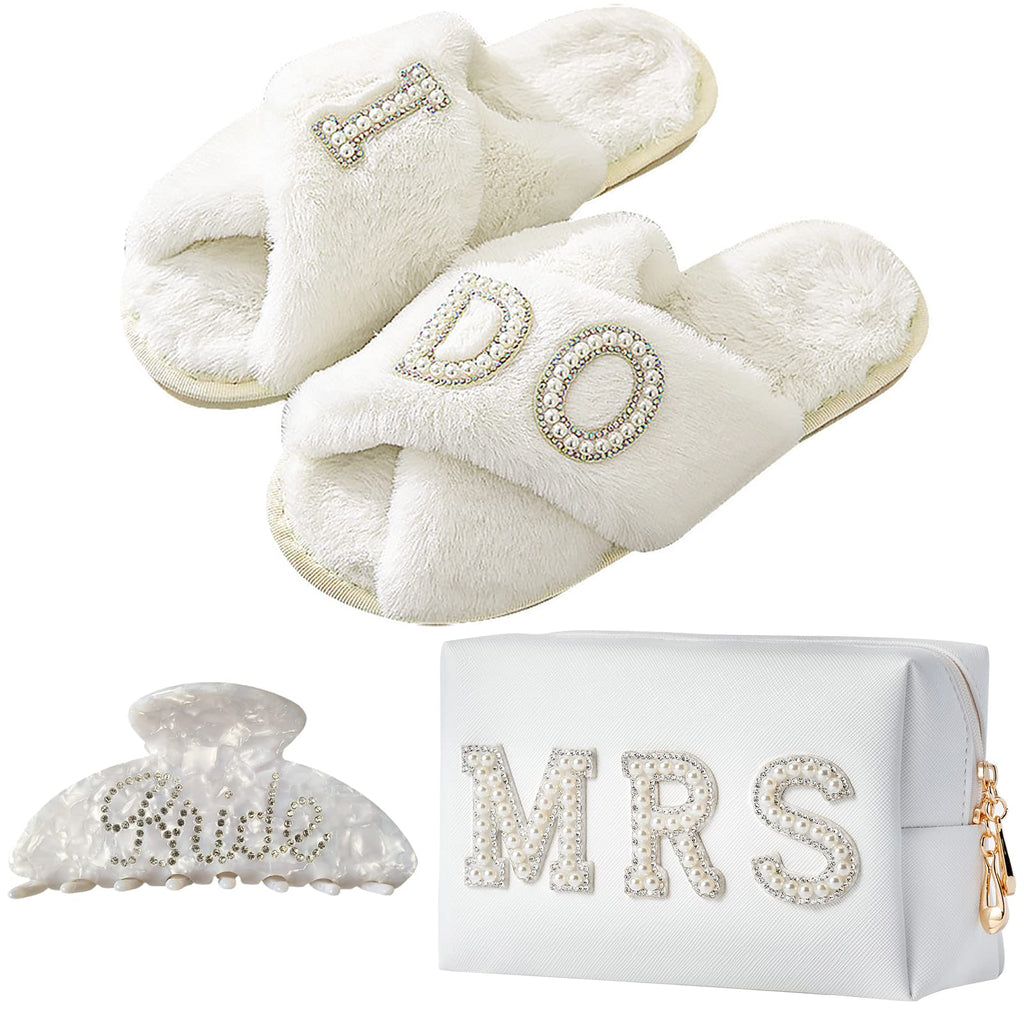 Tkifoda Bride To Be Gift Set Bride Makeup Bag I Do Bride Slippers Bride Robe Bride Hair Clip Bride Gifts Wedding Gifts (Slippers