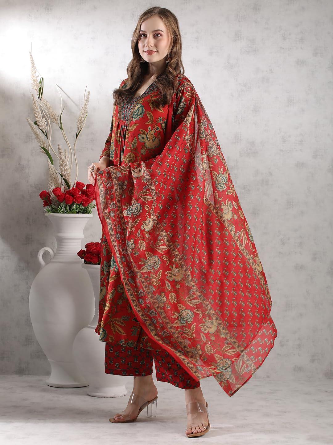 ANNI DESIGNER Womens Rayon Blend Anarkali Printed Kurta with Palazzo & Dupatta (CIA RED-VKS06_M_Red_Medium)